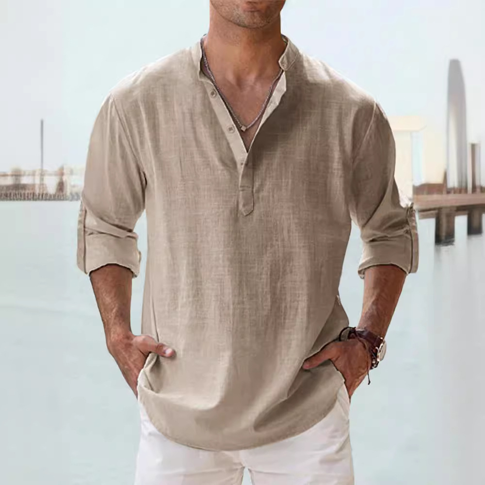 Summer New Casual Men's Loose Fit Stand Collar Sports Solid Color Long Sleeve Pure Cotton Shirt Plus Size Available - Image 4