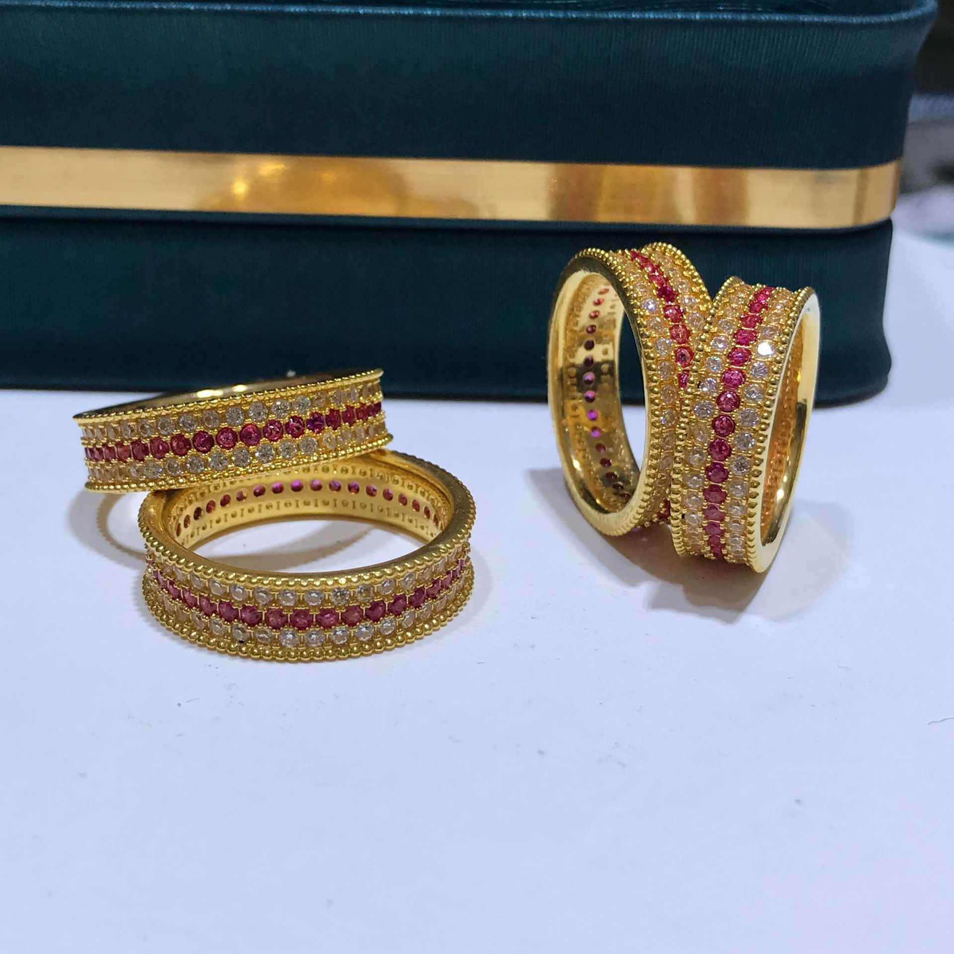 18k gold three-row star ring au750 gold light luxury inlaid ruby rose moissanite female ring jewelry - Image 3