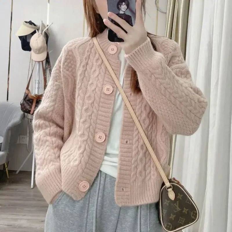 Retro cable knit crew neck sweater cardigan for women, new autumn and winter style, loose and casual, versatile and thick knitted top - Image 6