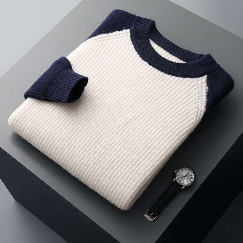 Autumn and winter new wool sweater men's color matching round neck Yuanbao needle thickened youth fashion casual knitted wool bottom - Image 4