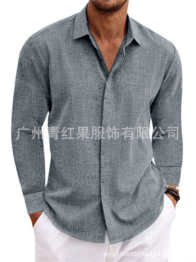 Men's linen long-sleeved T-shirt loose sweatshirt solid color long-sleeved cotton and linen shirt men's large size men's shirt - Image 12