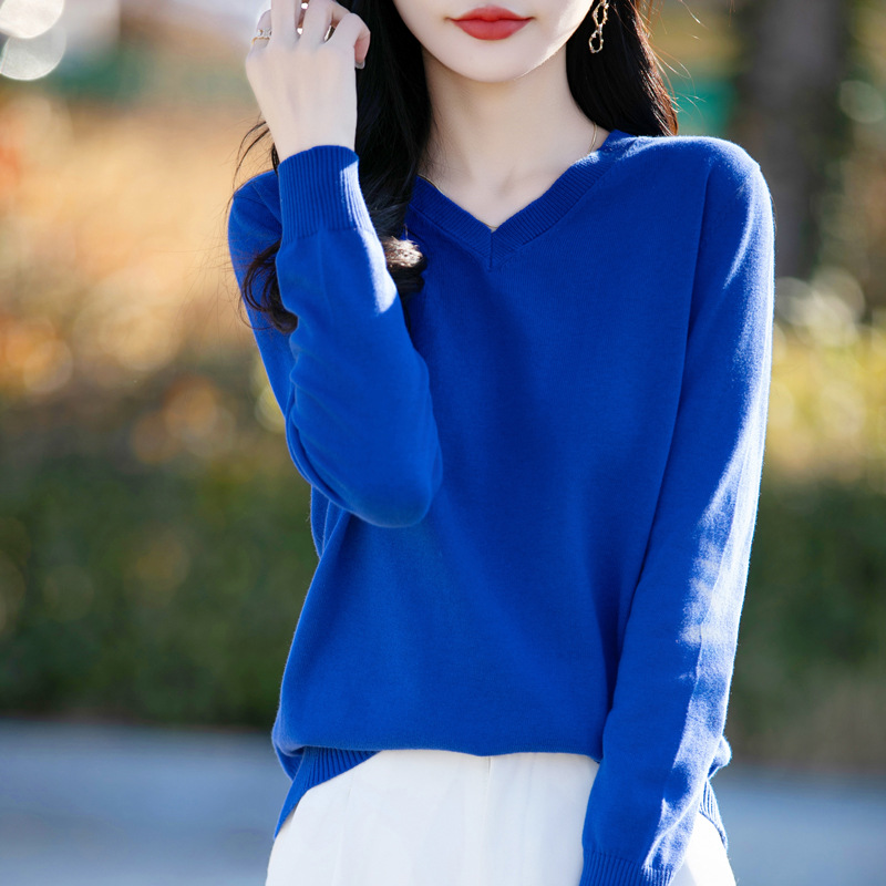 100% Cotton Spring New V-Neck Knitted Long-Sleeved Soft Loose Pullover Simple Solid Color Stylish Base Layer Women's Clothing - Image 7