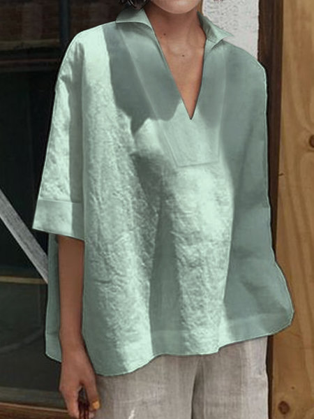 2026 Spring/Summer Amazon European and American Cross-Border V-Neck Cotton Linen Versatile Solid Color Plus Size Loose Mid-Sleeve Women's Shirt - Image 8