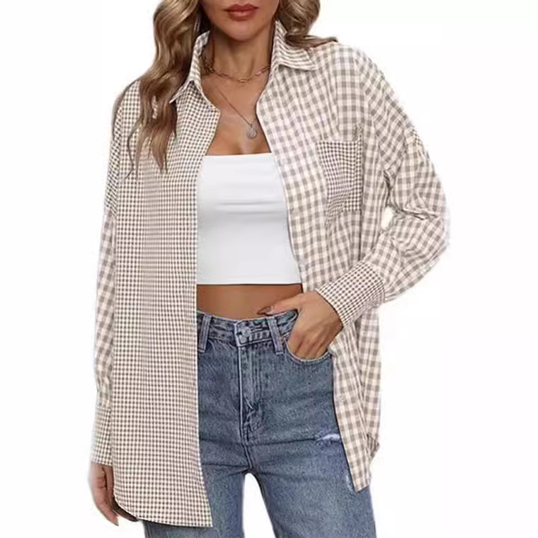 2023 Amazon women's spring and summer new cross-border European and American foreign trade ladies' fashion loose casual plaid shirt - Image 4