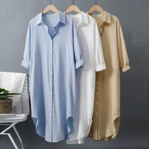 Same-day shipping. Women's cotton and linen white shirt, suitable for outerwear, 2026 style, loose fit, casual top, mid-length shirt.