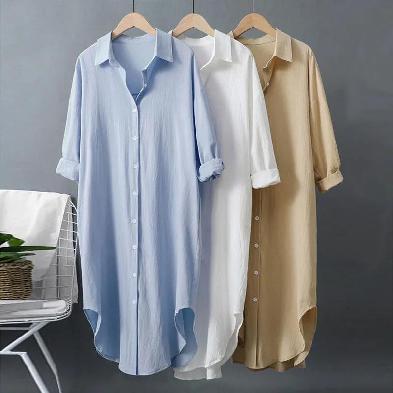 Same-day shipping. Women's cotton and linen white shirt, suitable for outerwear, 2026 style, loose fit, casual top, mid-length shirt.