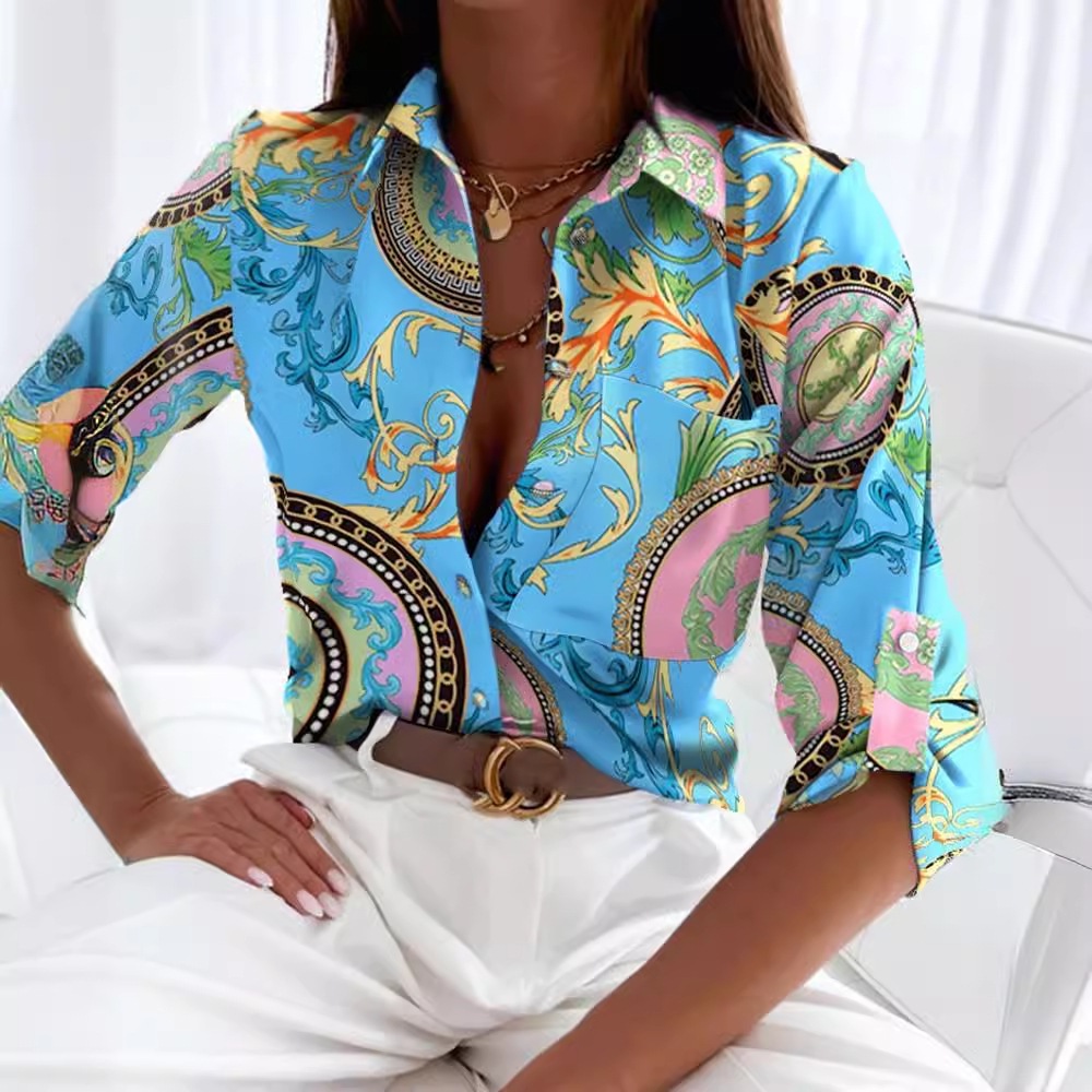 2023 European and American foreign trade women's clothing cross-border spring and autumn tops independent station Amazon long-sleeved shirt printed shirt women - Image 4