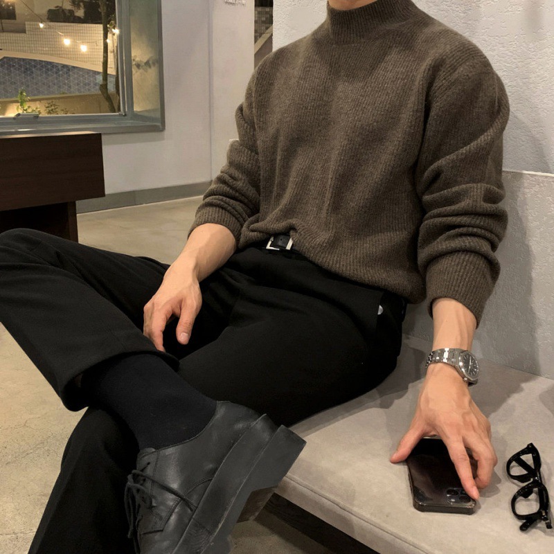 autumn and winter half turtleneck sweater for men, Korean style trendy solid color sweater, mid-collar bottoming shirt, warm inner wear - Image 3