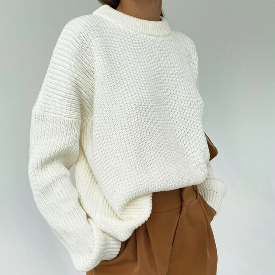 European and American style solid color round neck thick sweater for women, 2025 autumn and winter new arrival, loose long sleeve lazy style pullover knit sweater for women. - Image 2