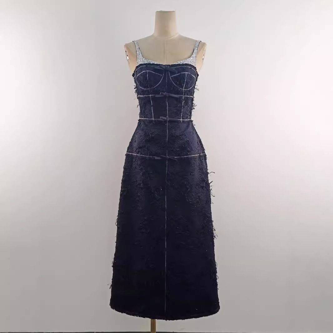 Spot temperament bow edge suspender long skirt celebrity slim waist black dress 40223 - Image 3