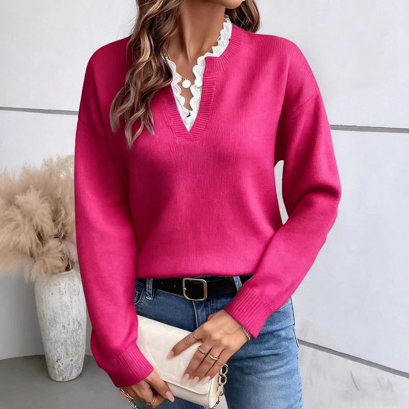 Cross-border European and American 2025 Autumn/Winter New Fashion Lace Trim V-neck Sweater Solid Color Loose Long Sleeve Women's Knitwear - Image 11