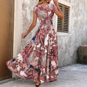Cross-border printed strapless dress for women, summer V-neck long short sleeve bohemian style maxi dress, beach vacation dress