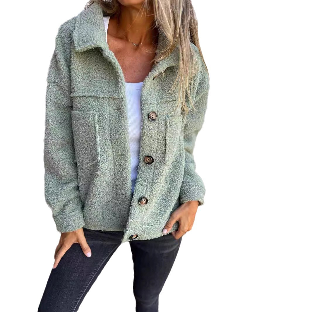 2024 European and American cross-border autumn and winter new lambskin patch pocket single row casual cardigan jacket for women ~ Independent station fast sale - Image 5