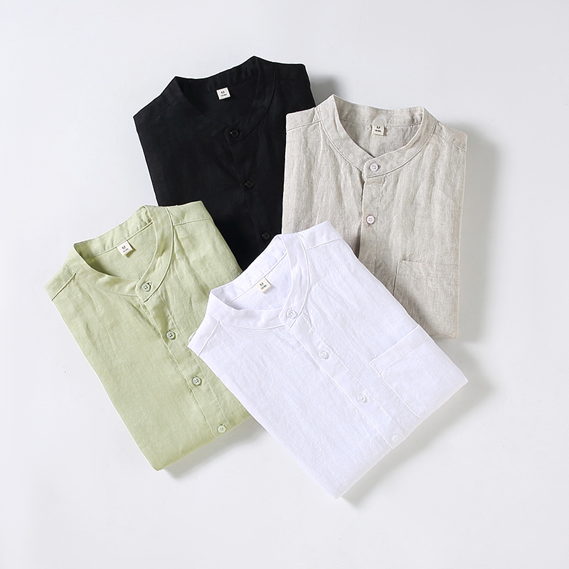 Summer linen short-sleeved shirt for middle-aged men's business casual pure linen pocket shirt loose cardigan half-sleeved linen clothing - Image 4