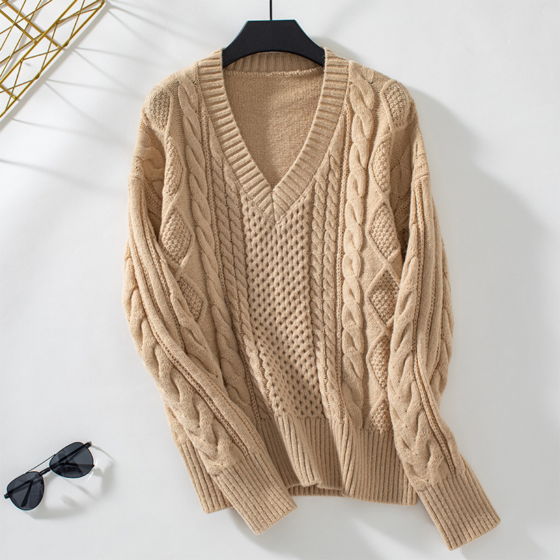 Fur-trimmed V-neck pullover European and American style women's knit sweater, 2024 autumn/winter new retro cable knit cross-border women's clothing sweater - Image 8