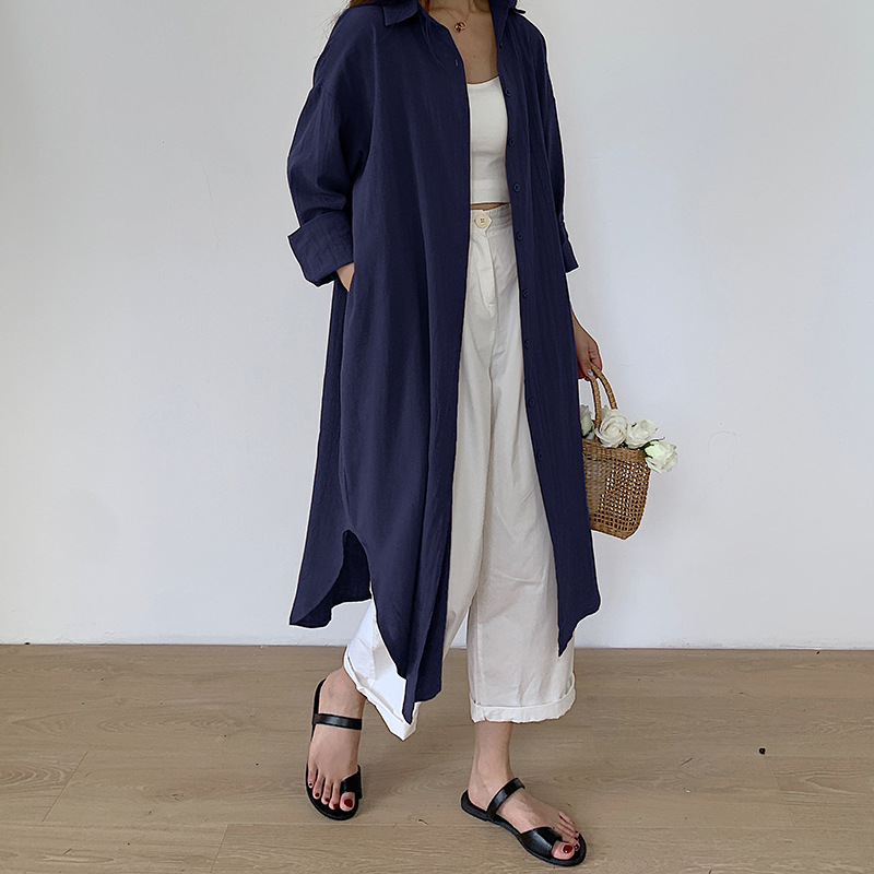 2025 Korean chic, relaxed style, simple basic comfortable long over-the-knee shirt, trench coat, jacket, shirt. - Image 6