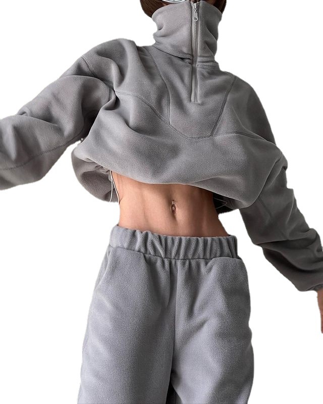 Spot European and American fleece stand-up collar sweater ins loose casual sexy long-sleeved short sweater hem drawstring - Image 3