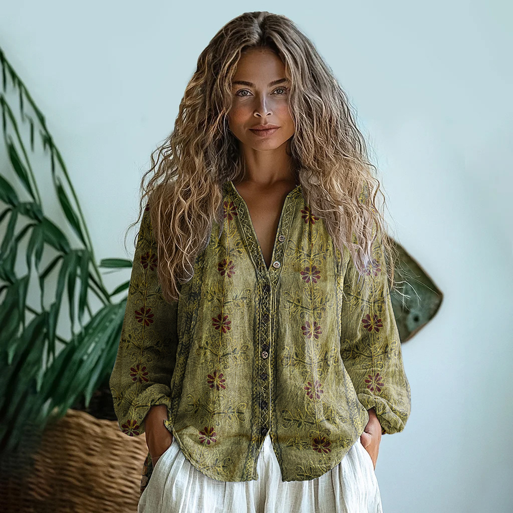 (Linen-like) 2025 European and American style women's casual floral print blouse, daisy print blouse, 3D printed blouse - Image 7