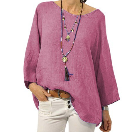 In stock 2023 cross-border European and American foreign trade women's clothing top, solid color cotton linen round neck raglan sleeve three-quarter sleeve women's shirt - Image 5