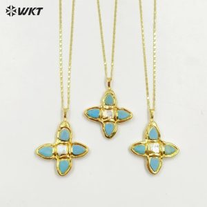(MOQ:5 pcs)WT-JN314 Natural Turquoise and Freshwater Pearl Inlaid 18k Gold Plated Pendant Style 18.2-inch Sweater Necklace