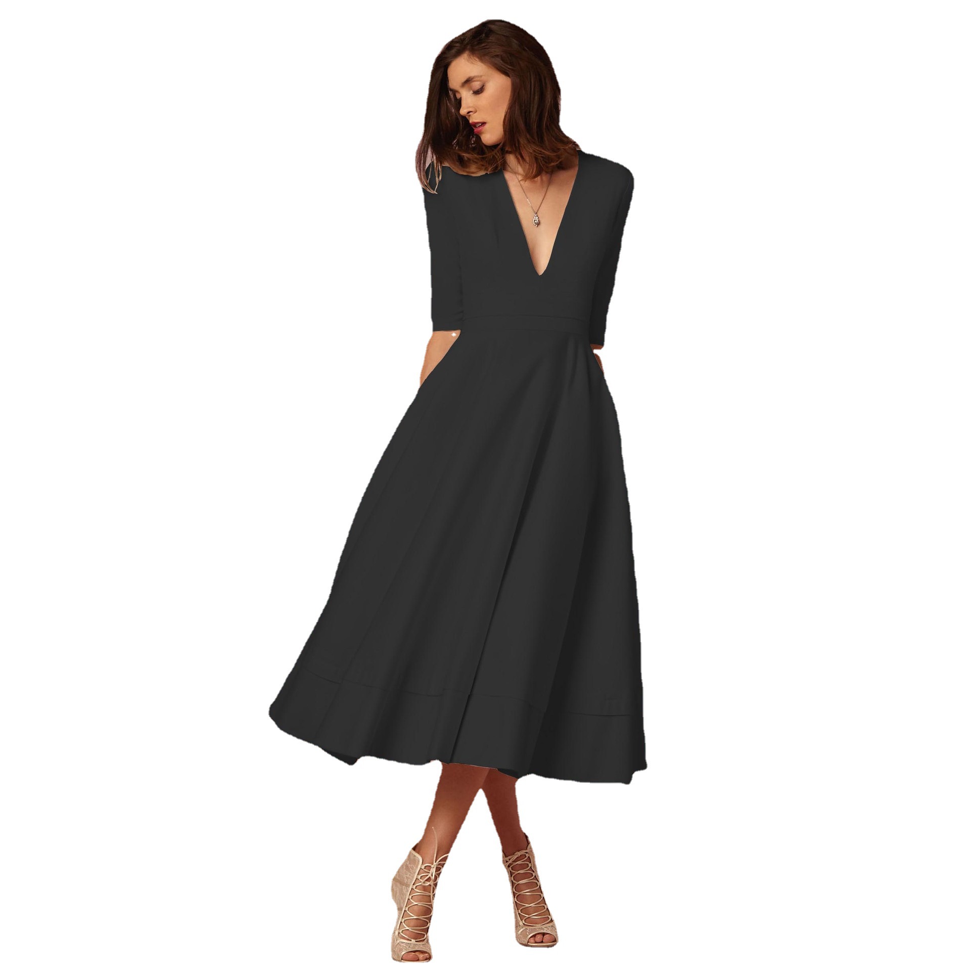2023 new European and American foreign trade women's evening dress Amazon hot style sexy deep V mid-sleeve swing dress - Image 2