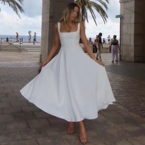 Solid-Color Square-Neck Sleeveless Dress