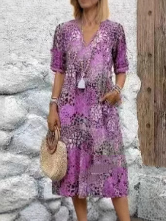 Amazon 2025 European and American new printed summer V-neck casual vacation pocket dress home clothes foreign trade women - Image 6