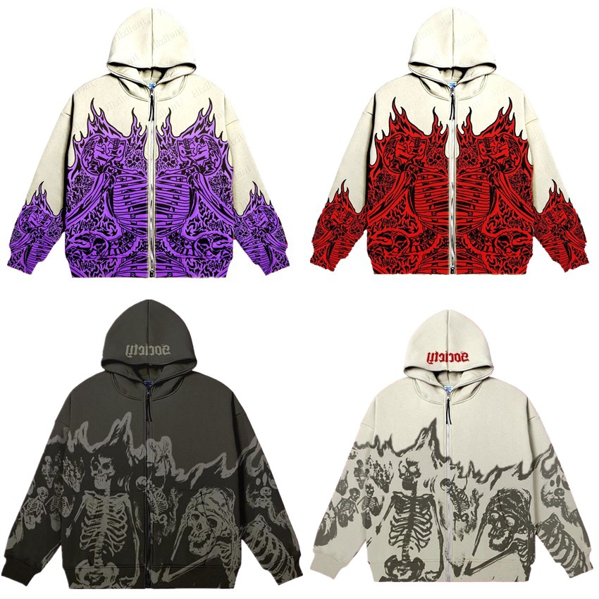 2022 Cross Border Men's Streetwear Vintage Skull Hoodie Zipper Hoodie Sweatshirt Gothic Tops - Image 10