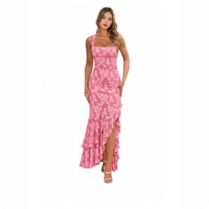 Elegant cross-border European and American style women's fitted floral jacquard maxi dress, beach vacation style, square neck, ruffled fishtail skirt