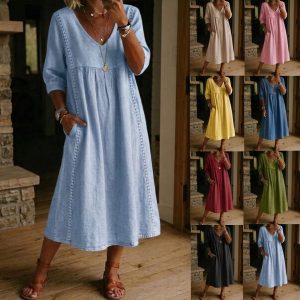 2026 Amazon New Summer European and American Style Cotton Linen V-neck Loose Fit Slimming Three-Quarter Sleeve Mid-Length Women's Dress