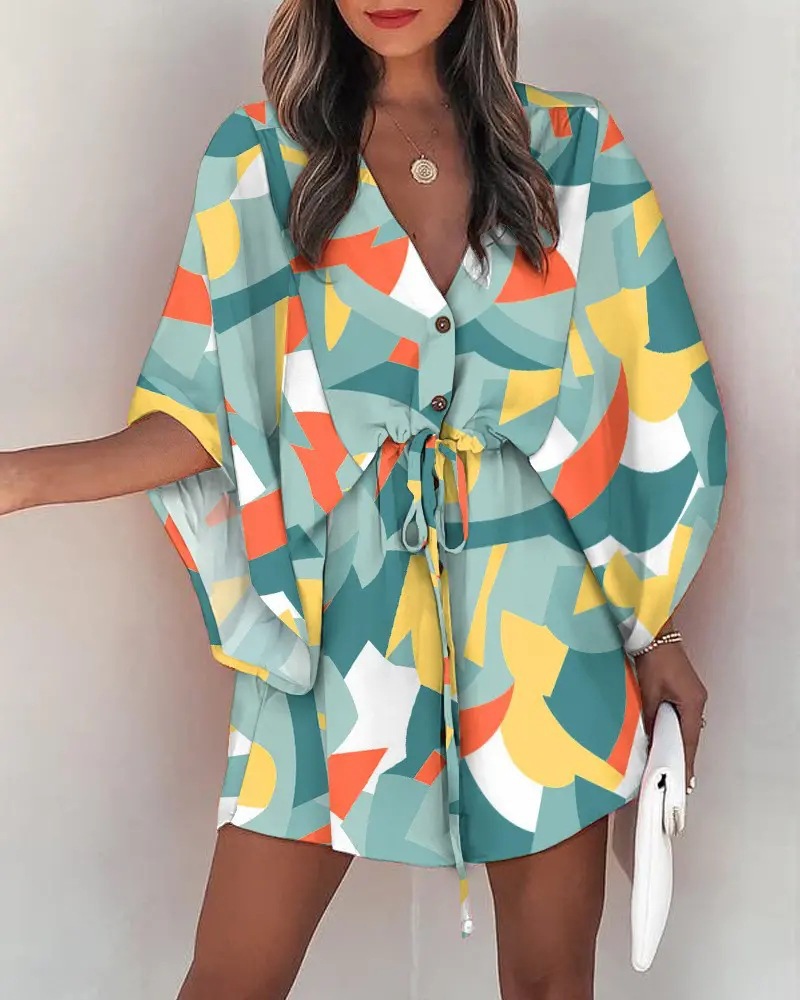 2023 Cross-border European and American Summer Flutter Sleeve A-line Dress Wish Amazon V-neck Tie-up Casual Vacation Short Dress - Image 10