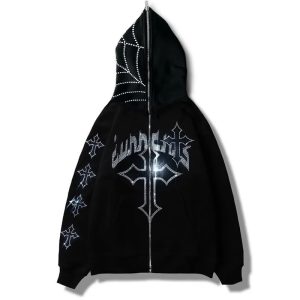 Autumn and winter new European and American personality trend printing sweater cardigan high street casual hip-hop metal zipper jacket