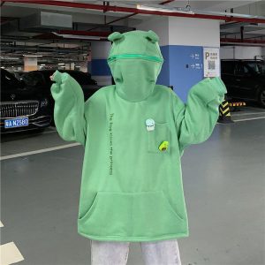 Women's sweatshirt frog plus velvet thickened design hooded casual melody windmill autumn trend loose 2023 new style