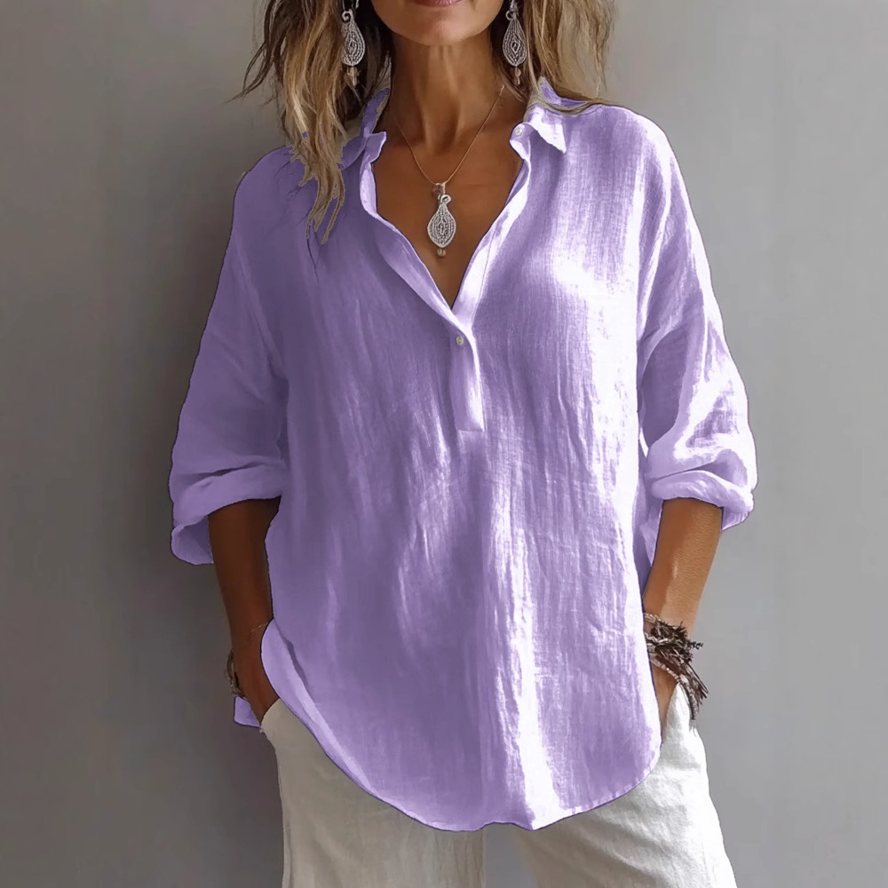 2025 Spring/Summer European and American Style Solid Color Casual Loose Long-Sleeved Linen V-Neck Shirt, Amazon Shirt for Women - Image 10