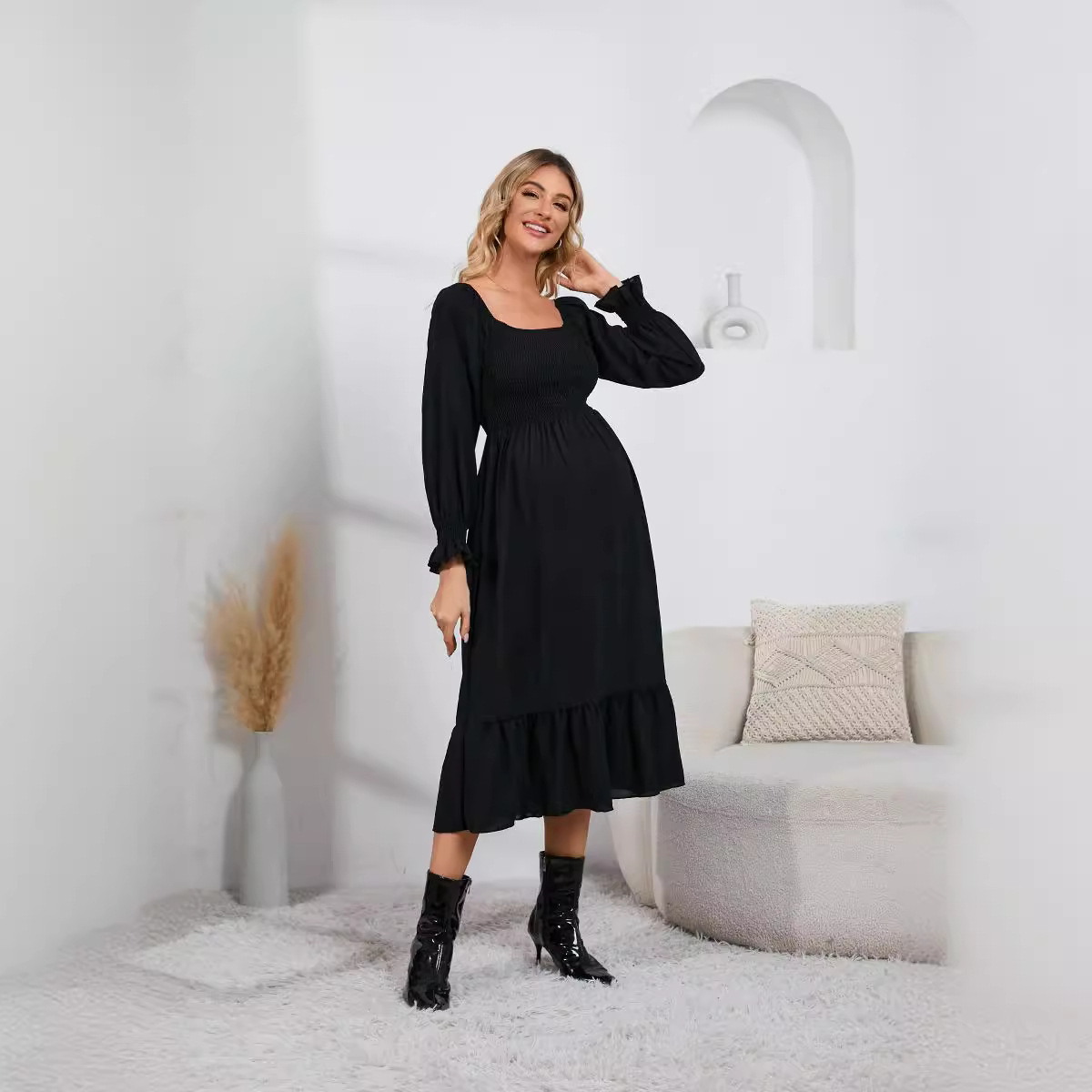 square collar spring and autumn new long sleeve ruffled high waist maternity skirt solid color dress early pregnancy skirt