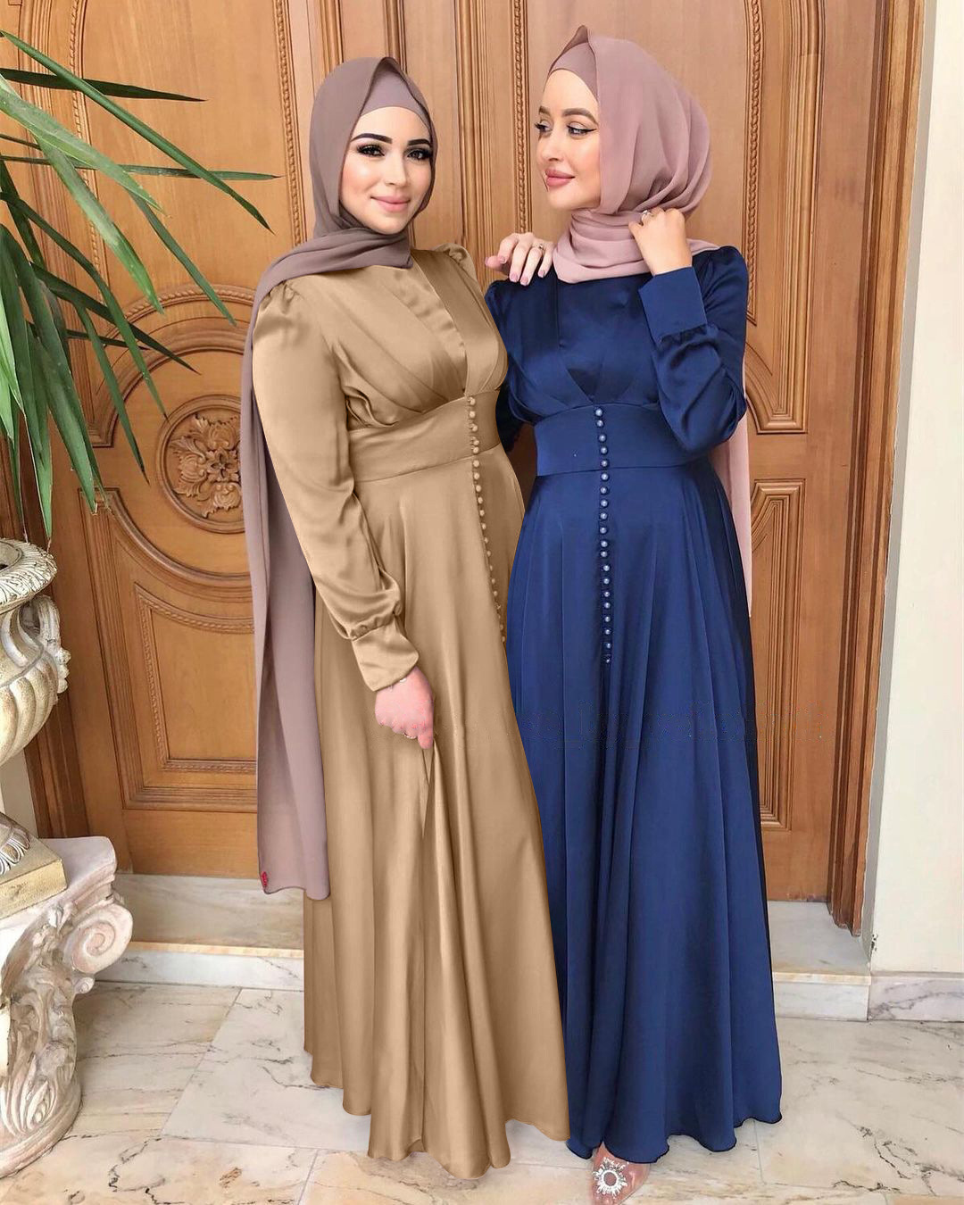 New cross-border Middle East Muslim women's dress summer elegant satin beaded dress muslim abaya