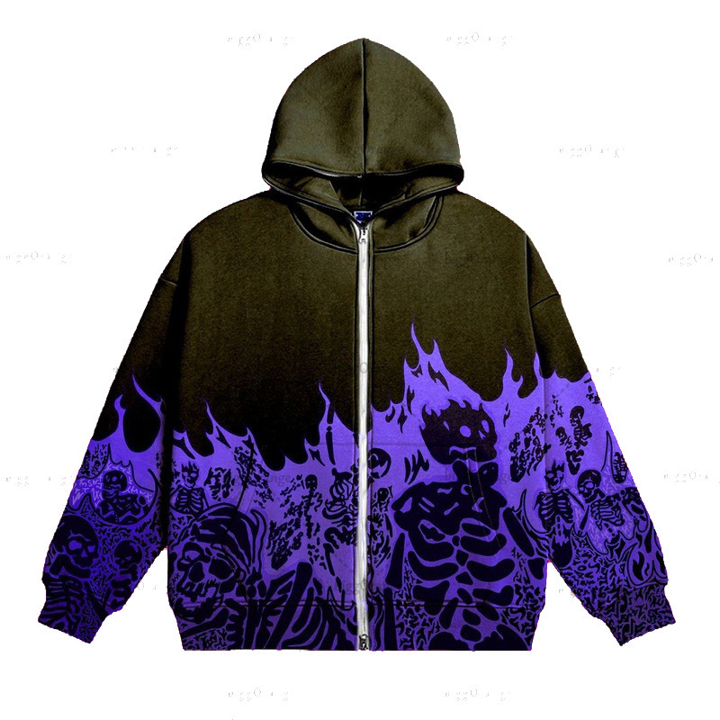 2022 Cross Border Men's Streetwear Vintage Skull Hoodie Zipper Hoodie Sweatshirt Gothic Tops - Image 2