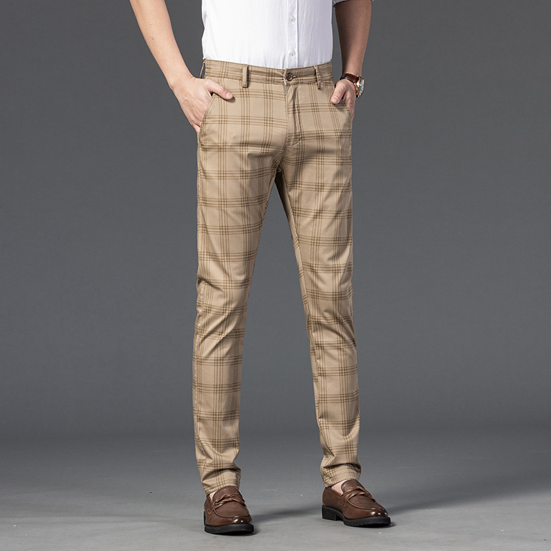 2021 Spring Pants Men's Casual Pants Men's Plaid Elastic Slim Business Straight Pants Youth Fashion Trend Men's Pants - Image 2