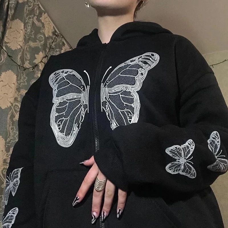 2022 foreign trade cross-border new style European and American ins women's clothing autumn and winter Y2K butterfly print loose hoodie sweatshirt - Image 2