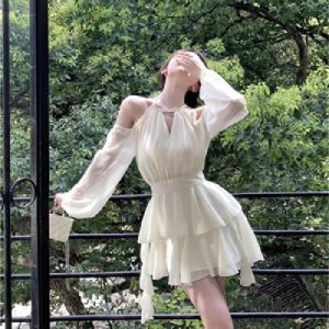 2026 New French Style Apricot Long-Sleeved Dress, Off-Shoulder Design, Slimming Waist, Super Fairy-like Ruffled Cake Skirt