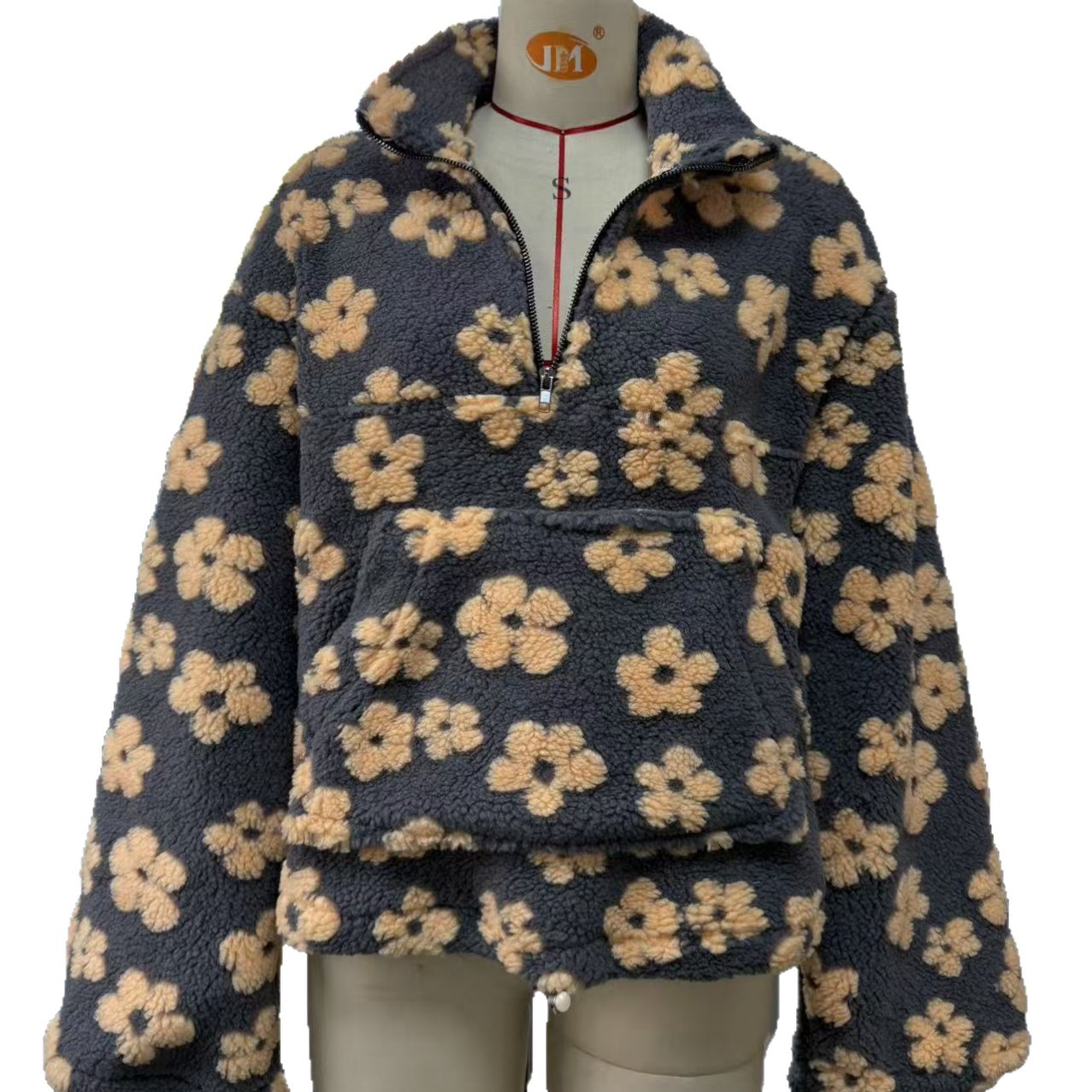 European and American cross-border women's clothing 2025 autumn new fashion faux lamb wool print loose zip-up sweatshirt long sleeve top - Image 5