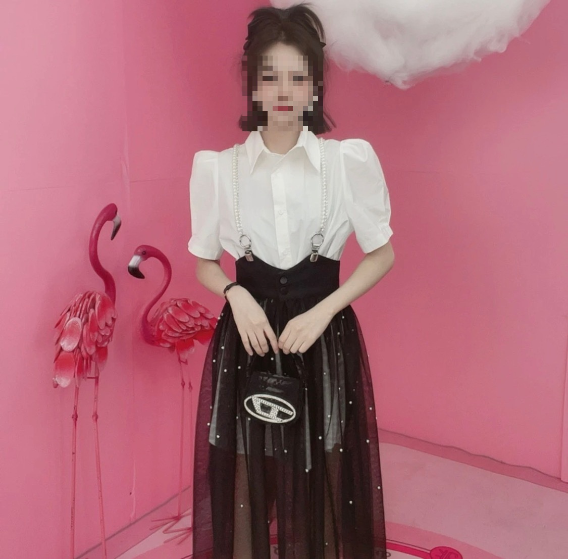 2023 spring and summer new style waist waist net gauze suspender skirt temperament lapel shirt slim suit - Image 3