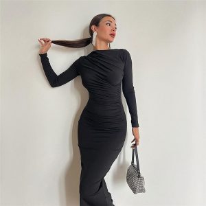 Women's Round-Neck Long-Sleeve Solid-Color Dress