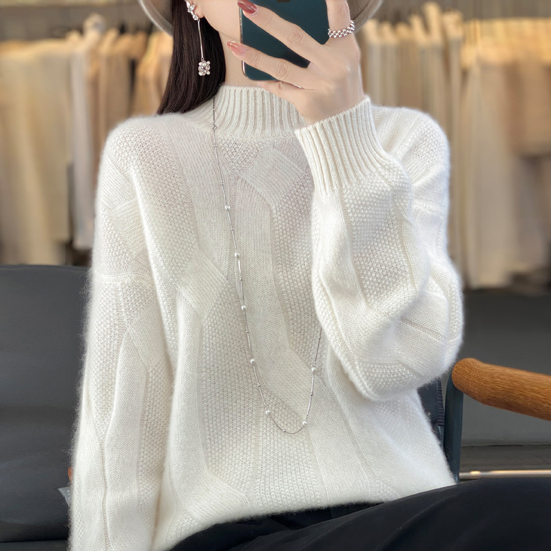 New autumn/winter pullover sweater for women, high neck wool sweater, loose knit base layer, jacquard thick Korean style trendy - Image 7