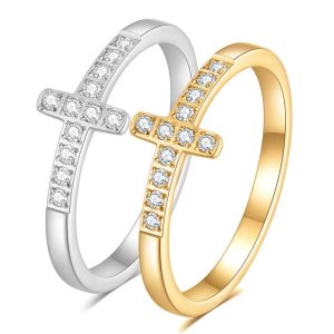 European and American cross-border minimalist and unique 7MM stainless steel titanium steel diamond-encrusted cross ring, elegant and versatile, best-selling jewelry.