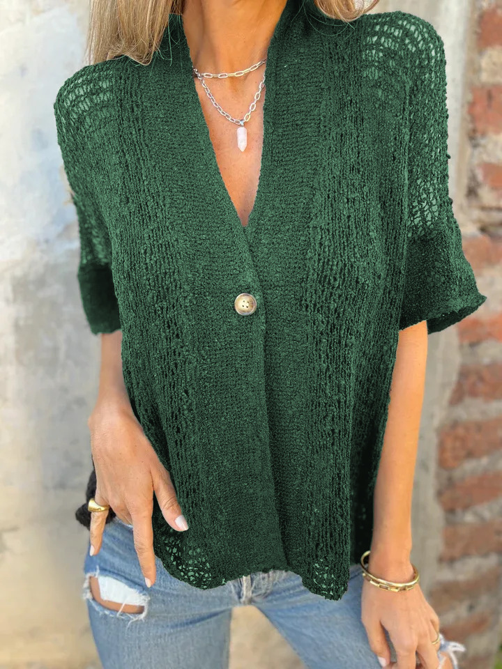 2026 New European and American Style Women's Spring and Autumn Single-Button Mid-Sleeve Hollow-Out Knit Cardigan Top for Foreign Trade Independent Websites - Image 6