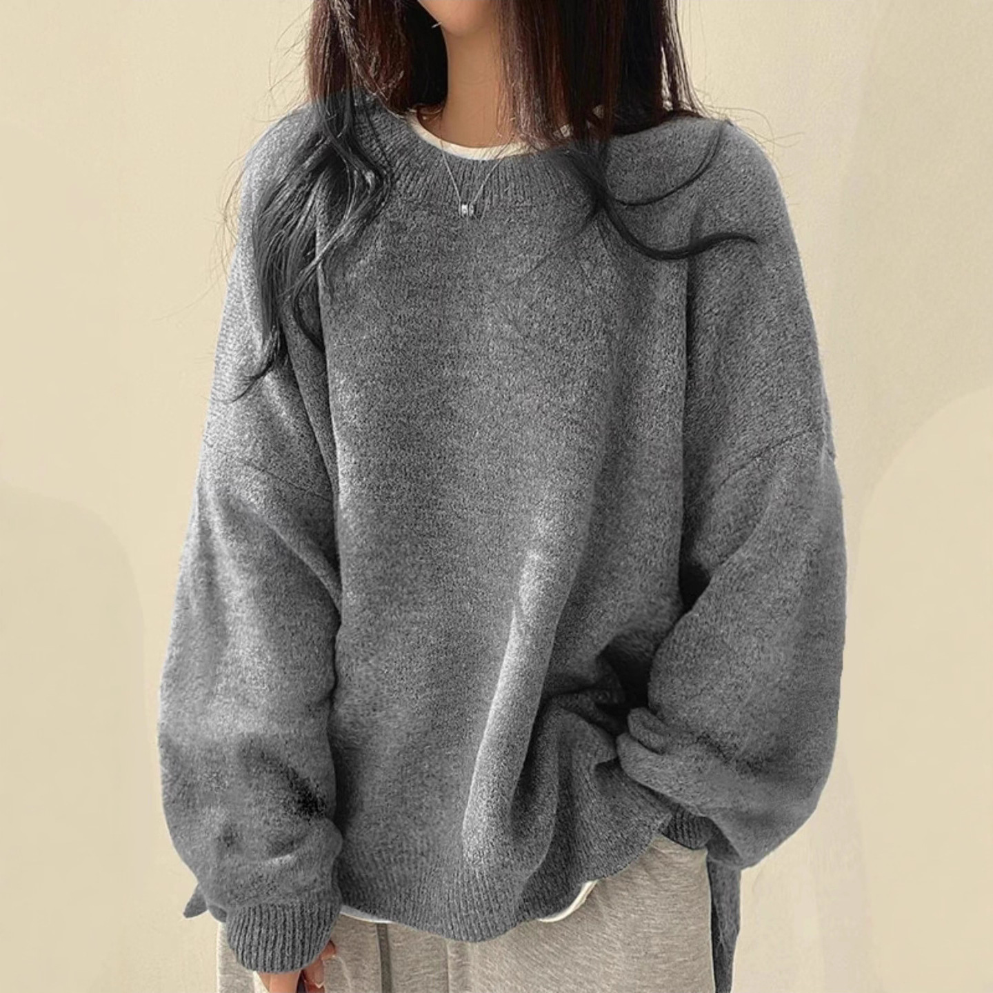 Cross-border European and American women's clothing tk hot style casual versatile solid color split pullover loose long-sleeved ladies sweater autumn and winter 25 - Image 2