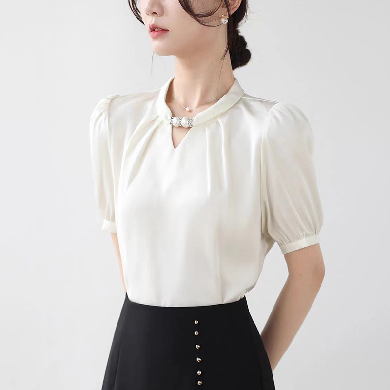 French niche halter neck stand collar beaded shirt female 2025 spring new style pullover satin temperament commuter professional top - Image 6