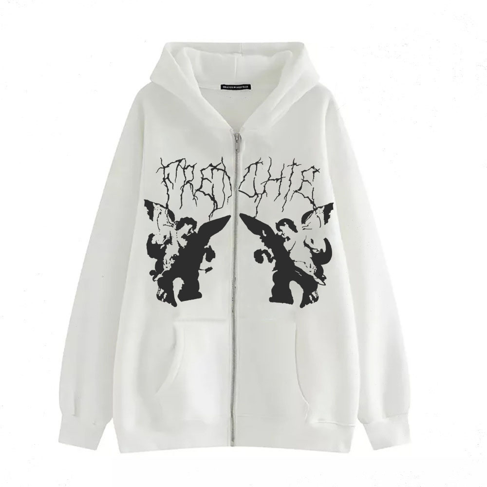 New arrival Skull Wings Hooded Zipper Sweatshirt Women Korean Style Plus Velvet Thickened Loose Sports Cardigan Sweatshirt Women - Image 26