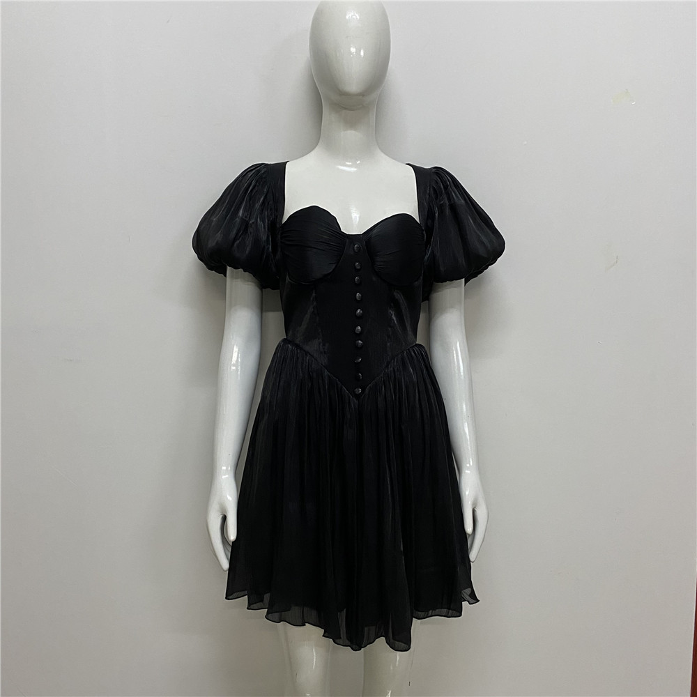 French sexy one-shoulder dress 2023 summer new fashion puff sleeve pleated waist slimming dress - Image 5